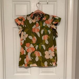 THML Green and Pink Floral Blouse Lightweight Tropical Print